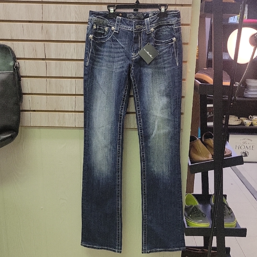 Miss Me Blue Straight Leg Jeans with Distressed Finish